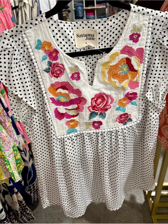 Savanna Jane Tops - Savanna Jane White Polka Dot Tunic with Multicolor Floral Embroidery